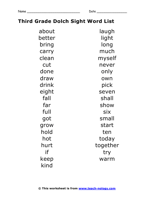 Third Grade Dolch Sight Word List