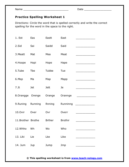 Elementary Practice Spelling Worksheet 1