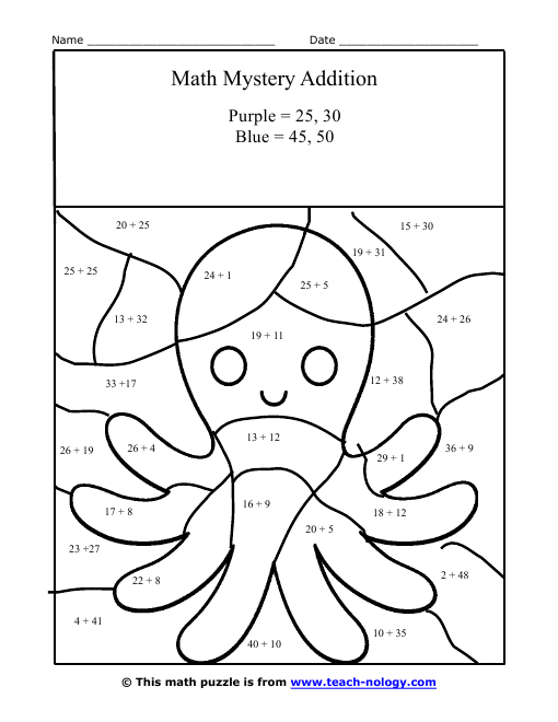 Mystery Octopus Addition Worksheet