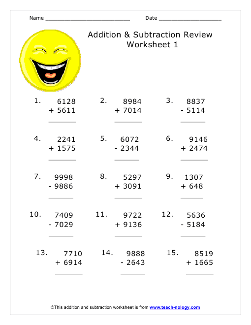 Addition And Subtraction Review Sheet Version 1
