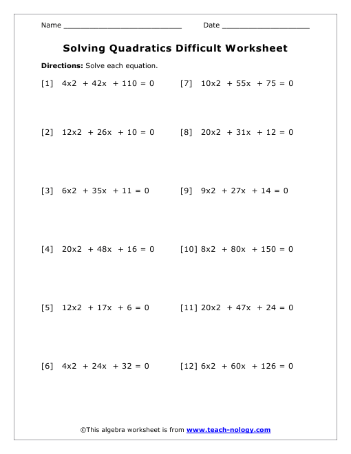 Solving Difficult Quadratic Equations Worksheet