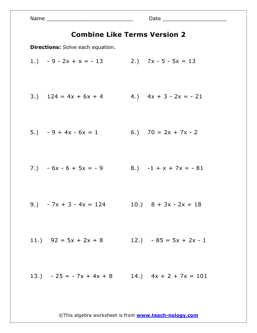 algebra Worksheet Version Combine like Like terms worksheets 2 Terms