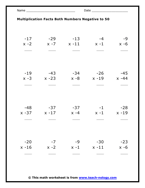 Multiplication Facts Both Numbers Negative to 50