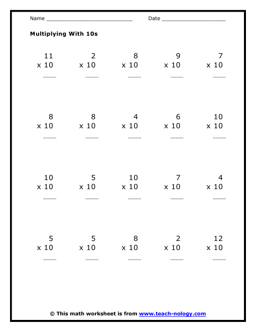 Multiplication By Tens Worksheet