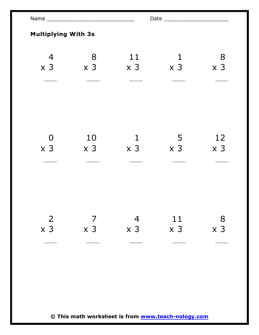 Multiplication By Threes Worksheet