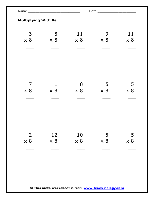 Multiplication by Eights Worksheet