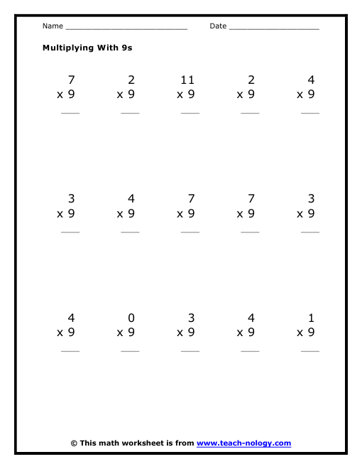 Multiplication By Nines Worksheet 85 Times Table Printable Multiplication Table