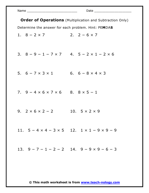 Order of Operations (Multiplication and Subtraction Only)