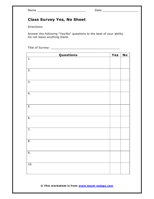 Class Survey Yes, No Sheet