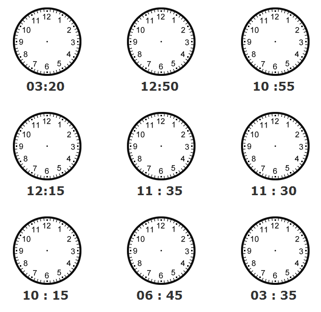 telling time draw the hands 5 minute intervals