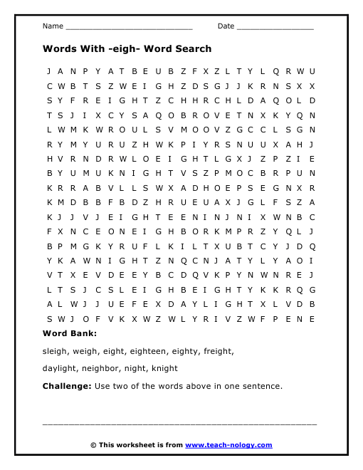 Words With -eigh- Word Search