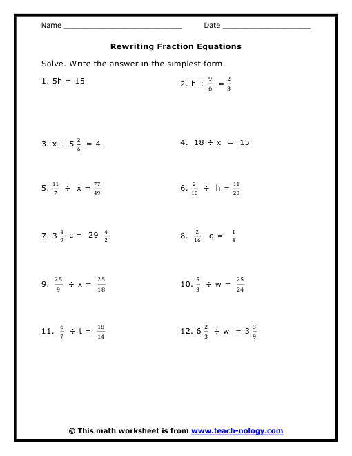 Solving Linear Equations Fractions Worksheets