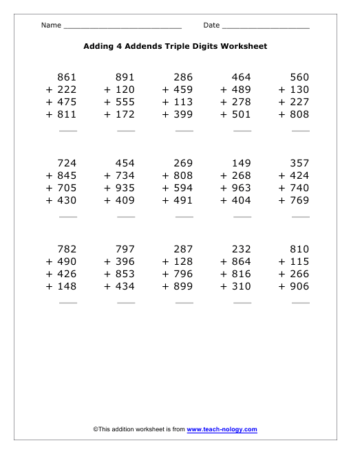 3 Addends Worksheet First Grade