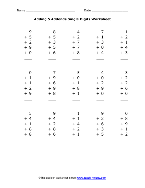 Adding 5 Addends That Are Single Digits