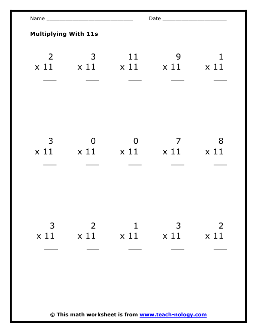 Multiplication by Elevens Worksheet