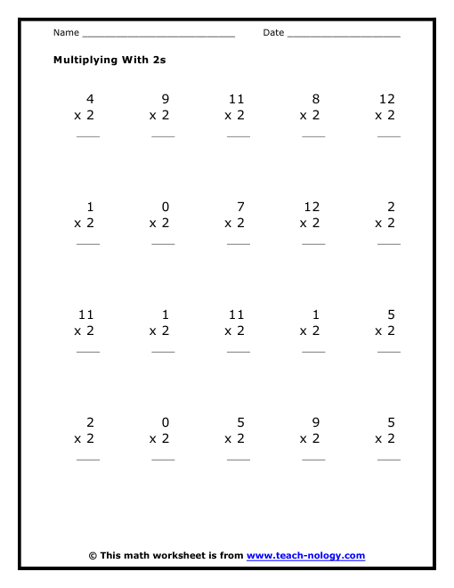 Multiplication by Twos Worksheet