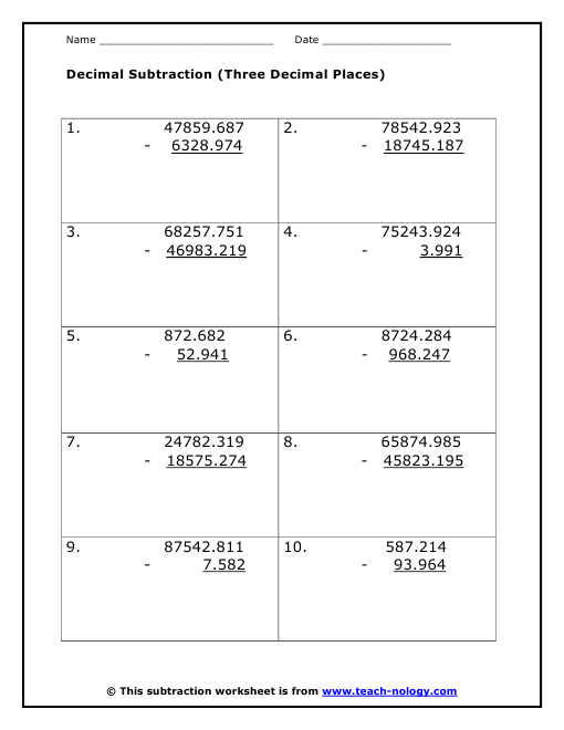 Decimal Subtraction (Three Decimal Places)